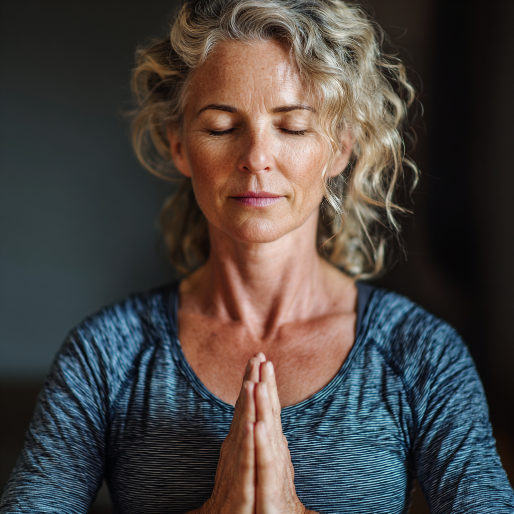 Middle-aged woman practicing gentle yoga movement with focus on stability and mindful breathing
