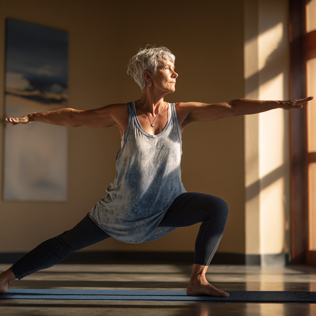 Older adult in comfortable yoga pose demonstrating balance and mindful movement practice